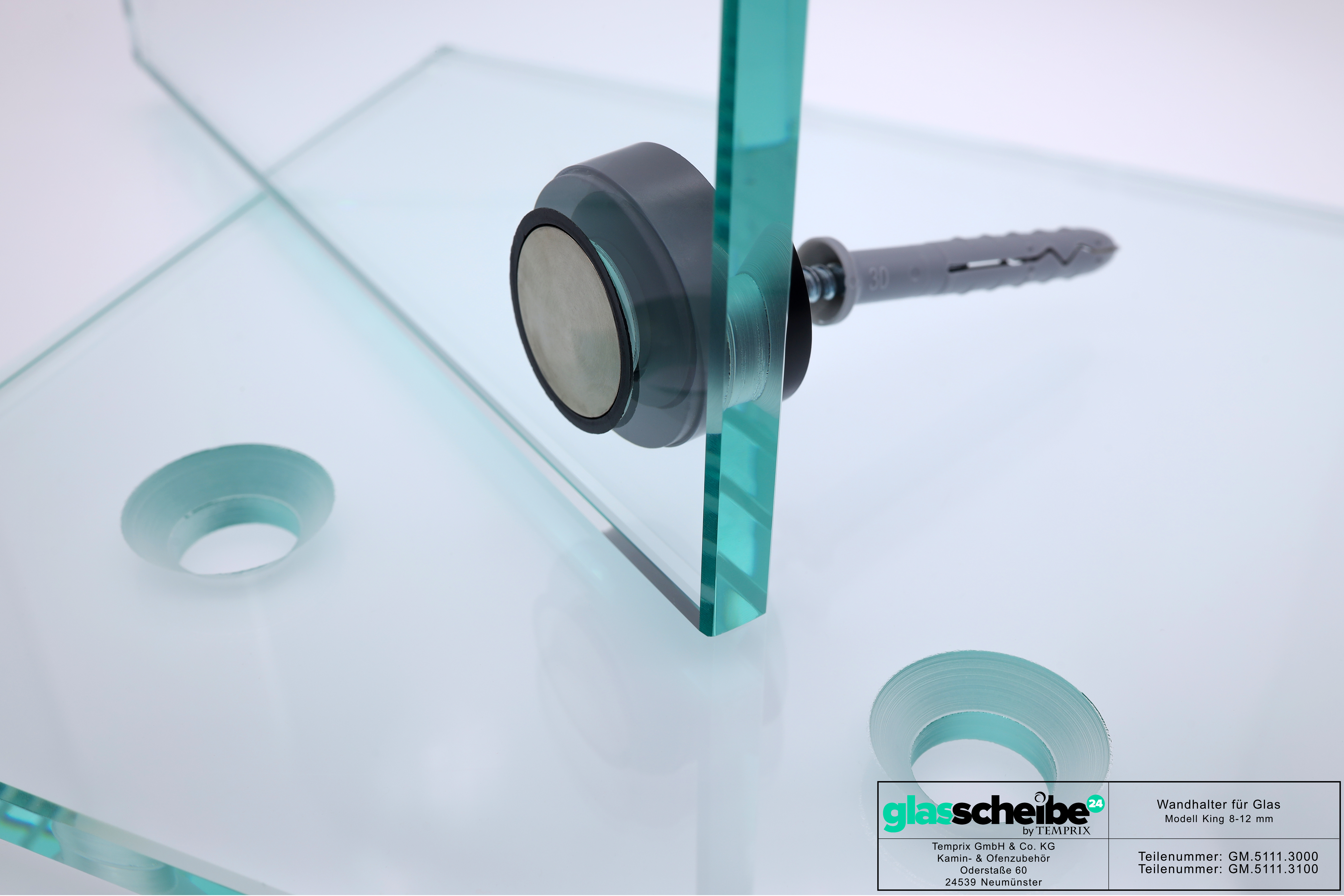 Wandhalter King für Glasscheiben 8-12mm   (Farbe: Schwarz, Zubehör: Schraube und Dübel)