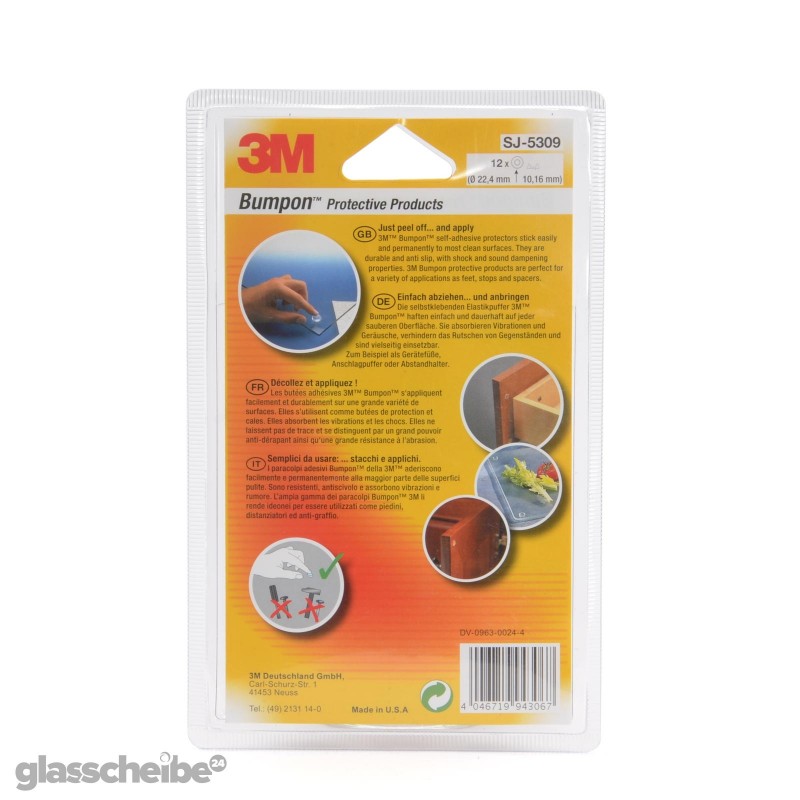 Schutzpuffer rund transparent Stoßpuffer, selbstklebend, Türdämpfer-für Glasplatten und glasscheiben Blister Bumpons  Rückseite der Verpackung