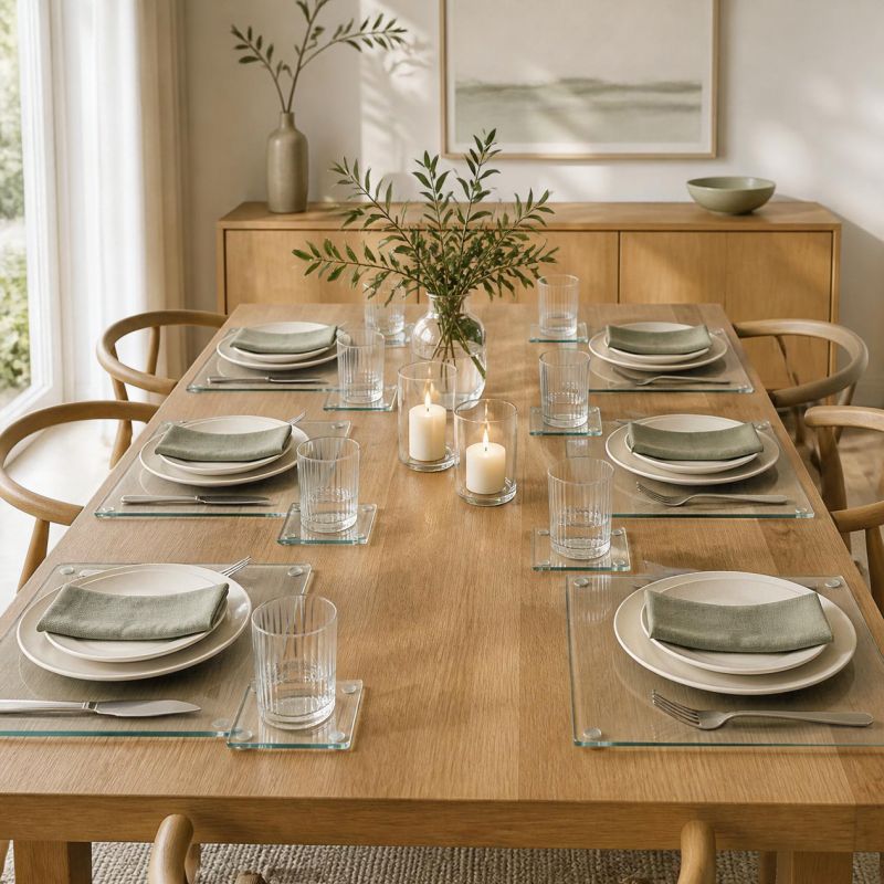 Edle Tischsets in Klarglas auf dem Esszimmertisch
