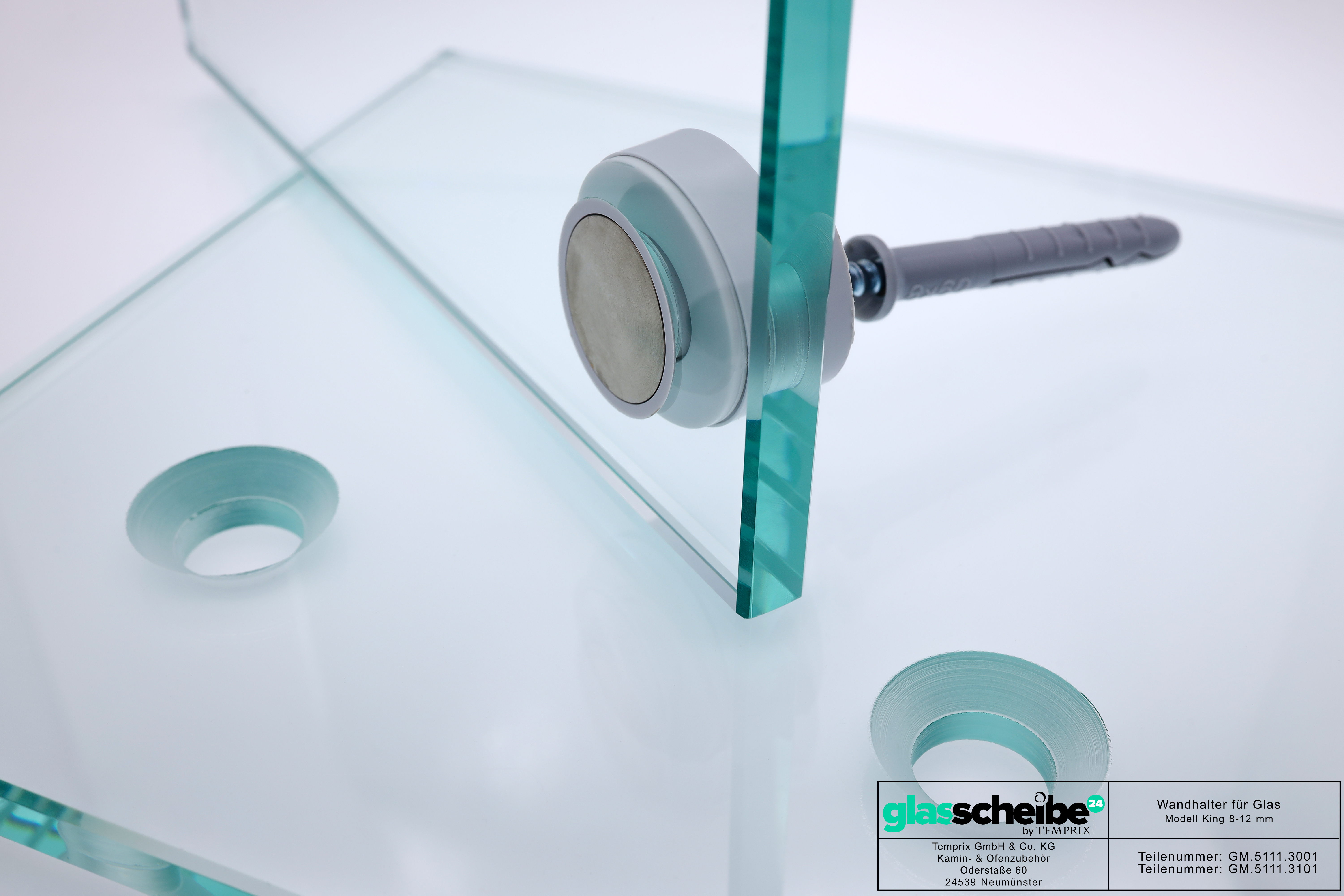 Wandhalter King für Glasscheiben 8-12mm   (Zubehör: Schraube und Dübel, Farbe: Grau)